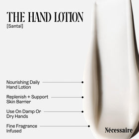 Nécessaire lotion poured onto hands illustrating smooth spreadability and instant comfort