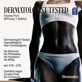Nécessaire label close-up listing niacinamide and peptide benefits