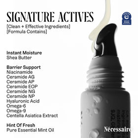 Nécessaire ingredient panel highlighting niacinamide ceramides hyaluronic acid benefits