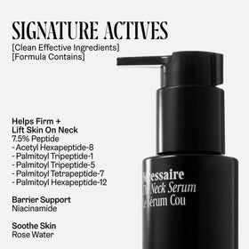 Nécessaire applying serum to neck showing smooth, non-greasy finish