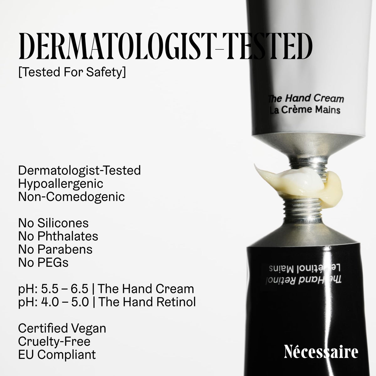 Nécessaire product beside a hand for scale illustrating travel-friendly 2.2 oz size