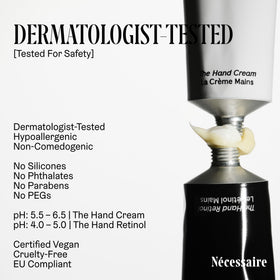Nécessaire product beside a hand for scale illustrating travel-friendly 2.2 oz size