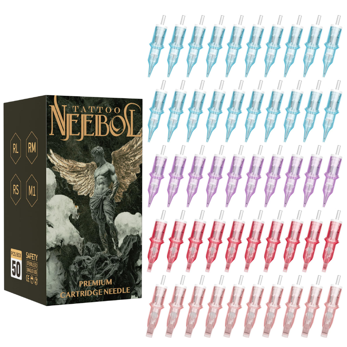Neebol front packaging showing 50-piece mixed cartridge set for studio readiness