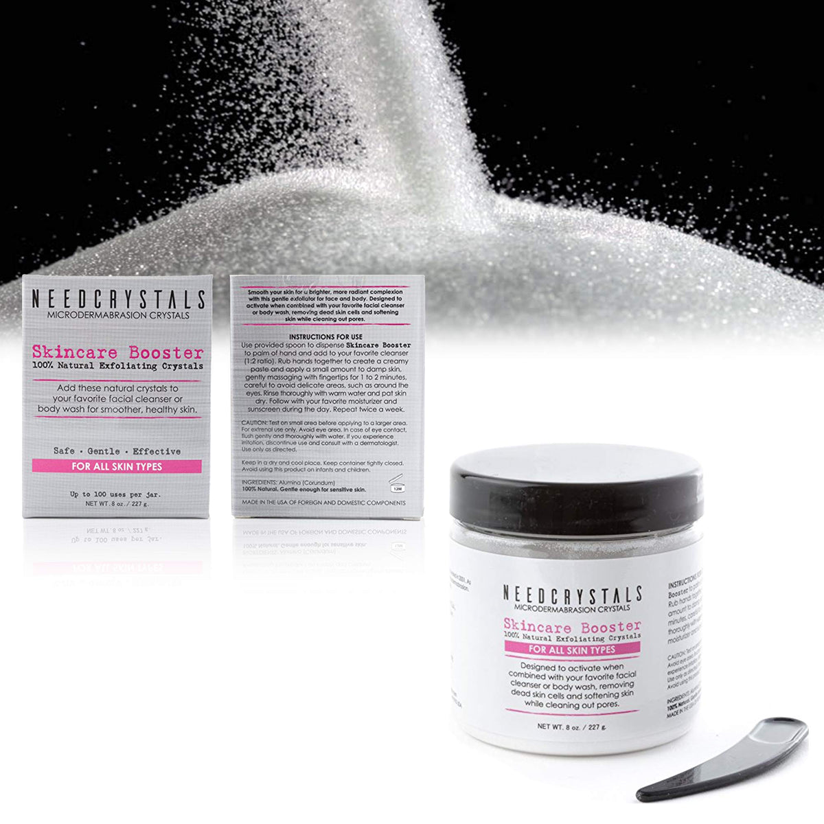 NeedCrystals jar on bathroom counter staged for home spa benefit and easy at-home use