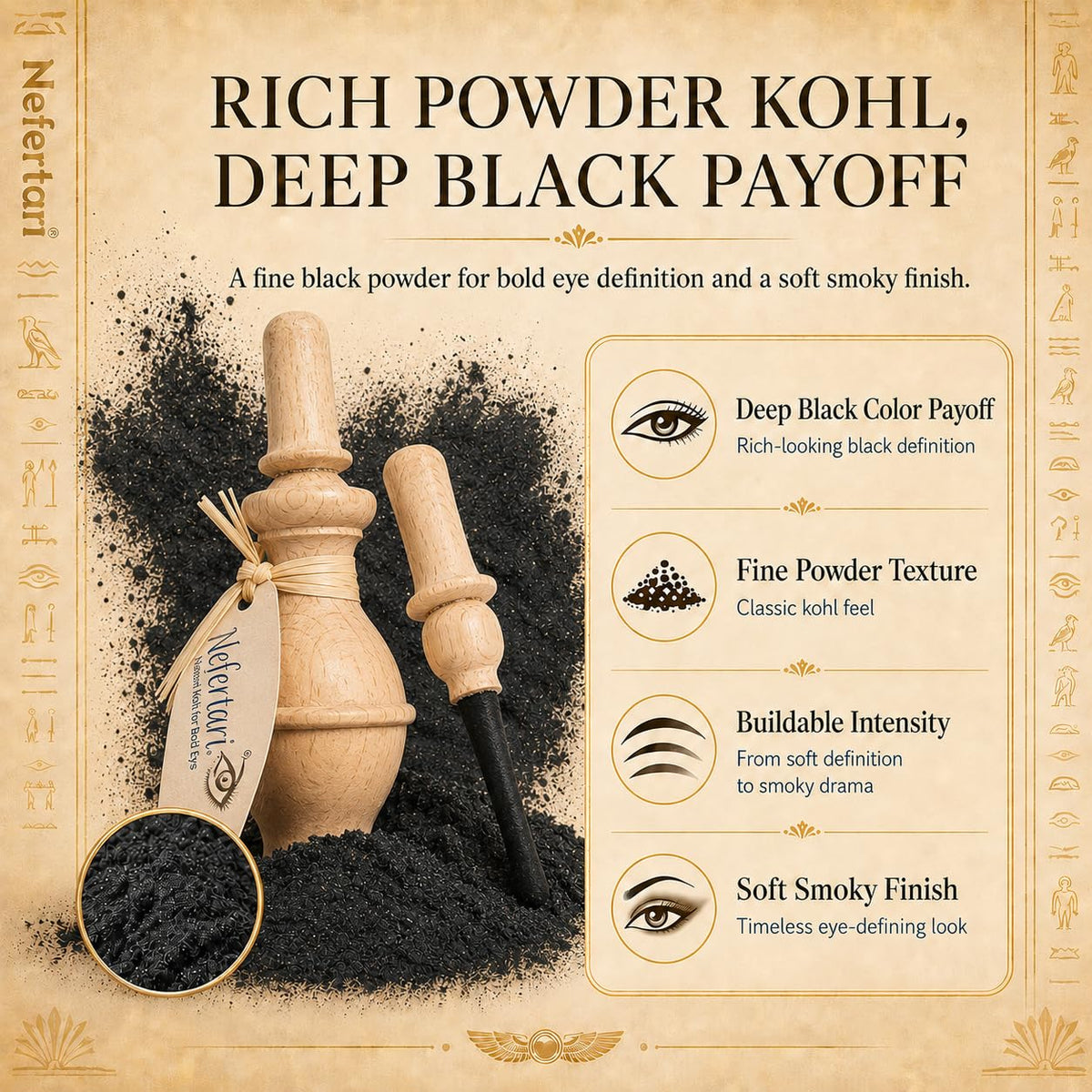 Nefertari open pot showing fine powder texture for smooth, buildable eyeliner application