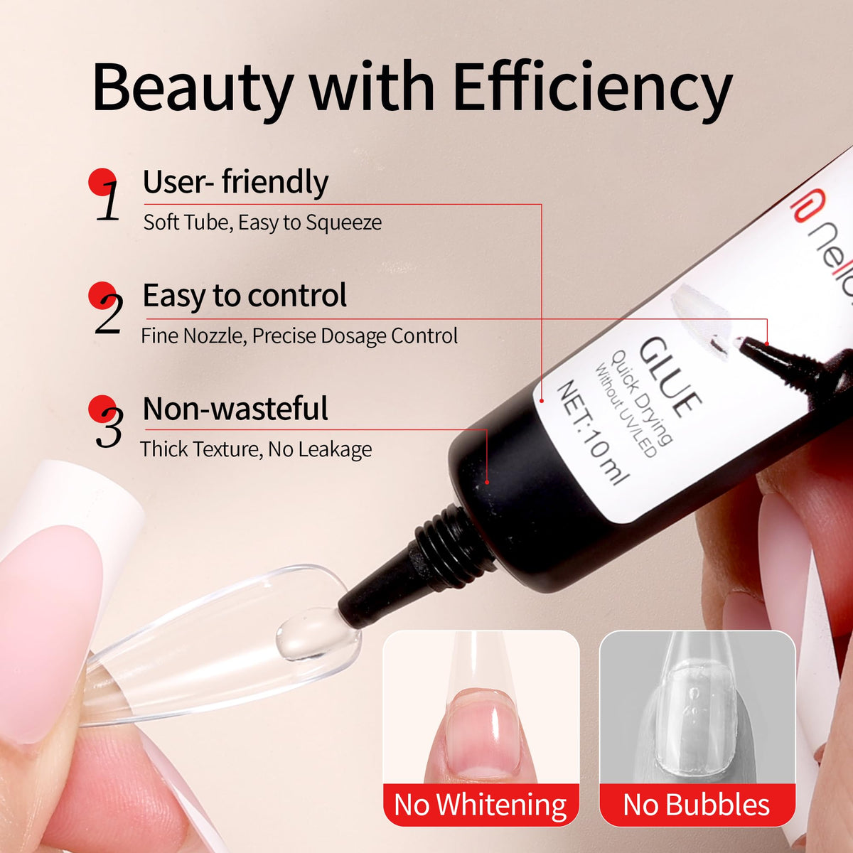 Nelrona glue being applied to press-on nail for quick secure hold