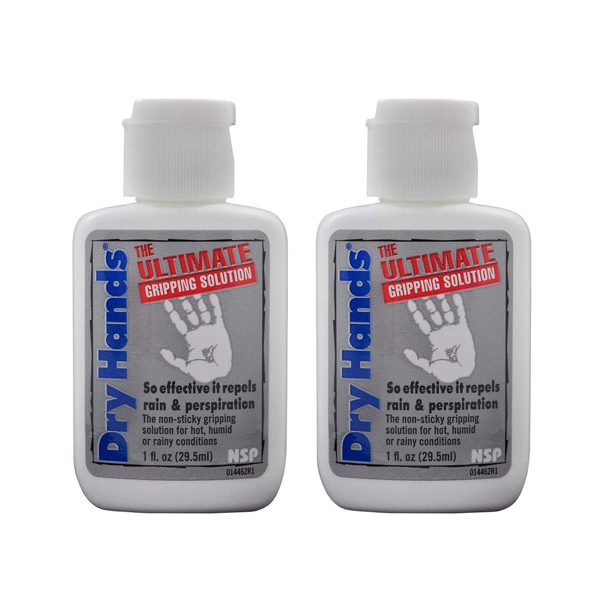 Nelson Dry Hands front view of two 1oz bottles showing label and improved grip