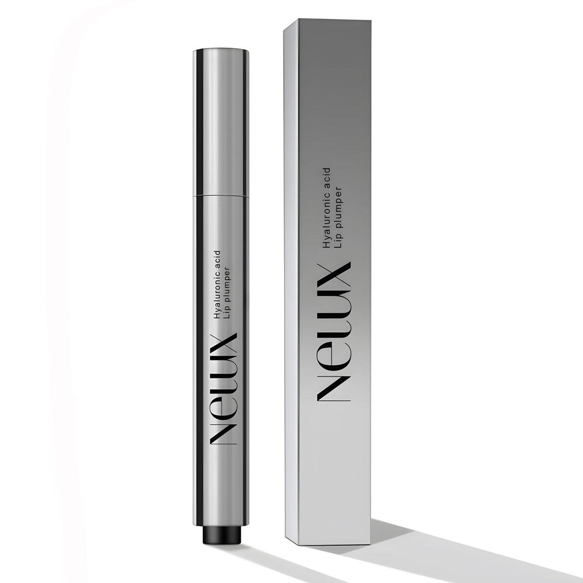 Nelux front packaging showing sleek clear gloss and branding, highlighting instant shine benefit