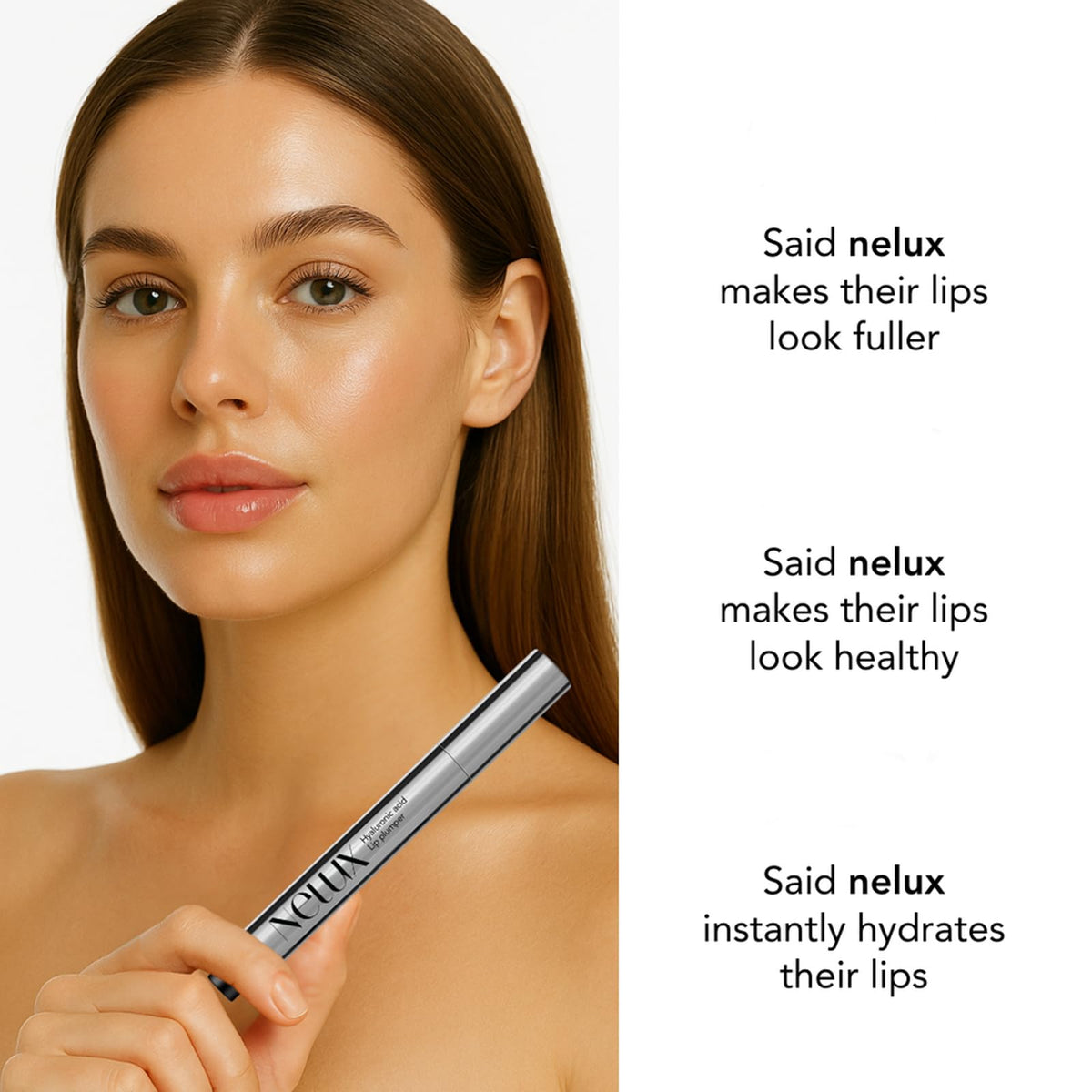 Nelux lip plumper applied on lips in lifestyle shot delivering visible smoothness and fullness