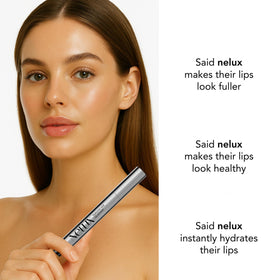 Nelux lip plumper applied on lips in lifestyle shot delivering visible smoothness and fullness