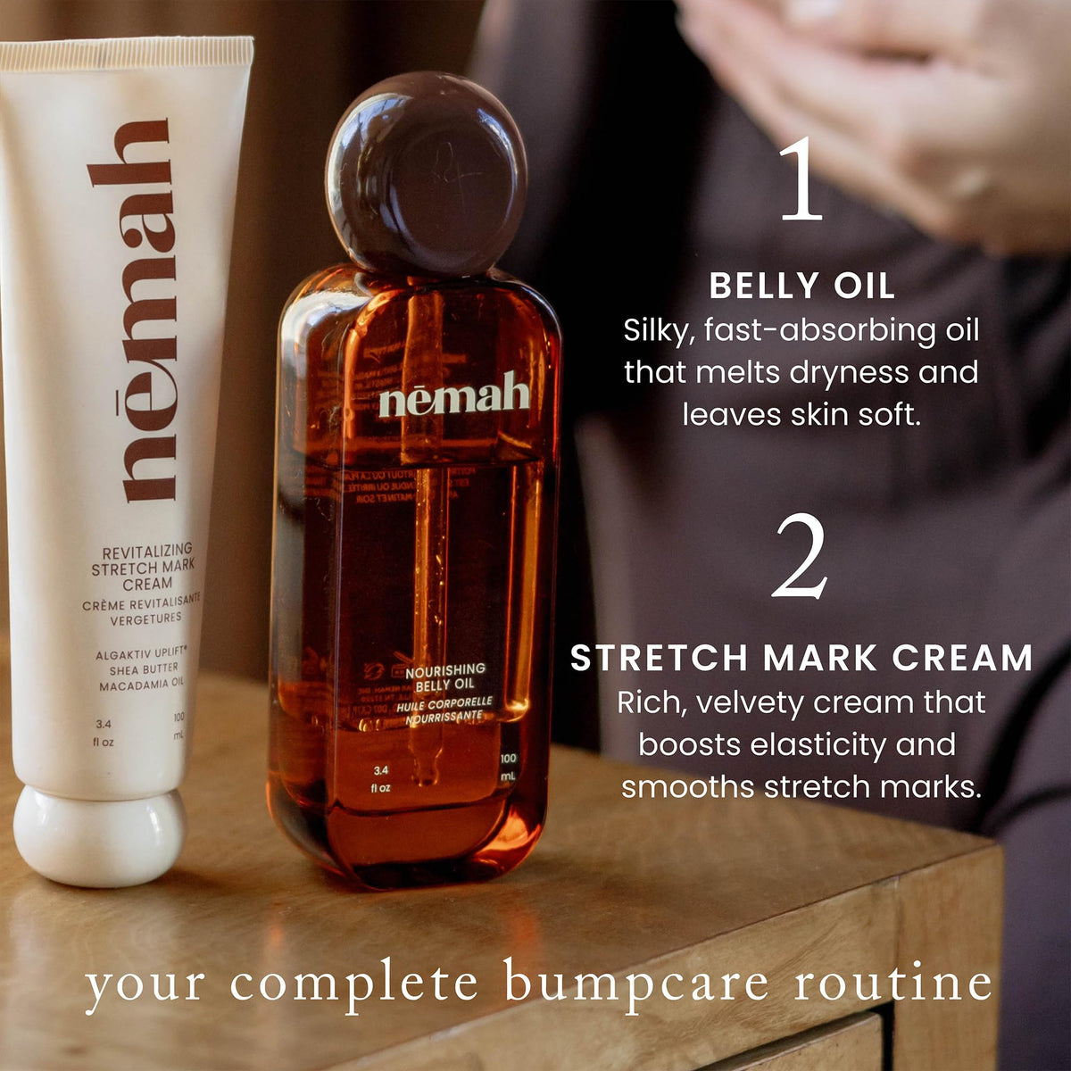 Nemah oil and cream being massaged on a pregnant belly demonstrating comfortable application