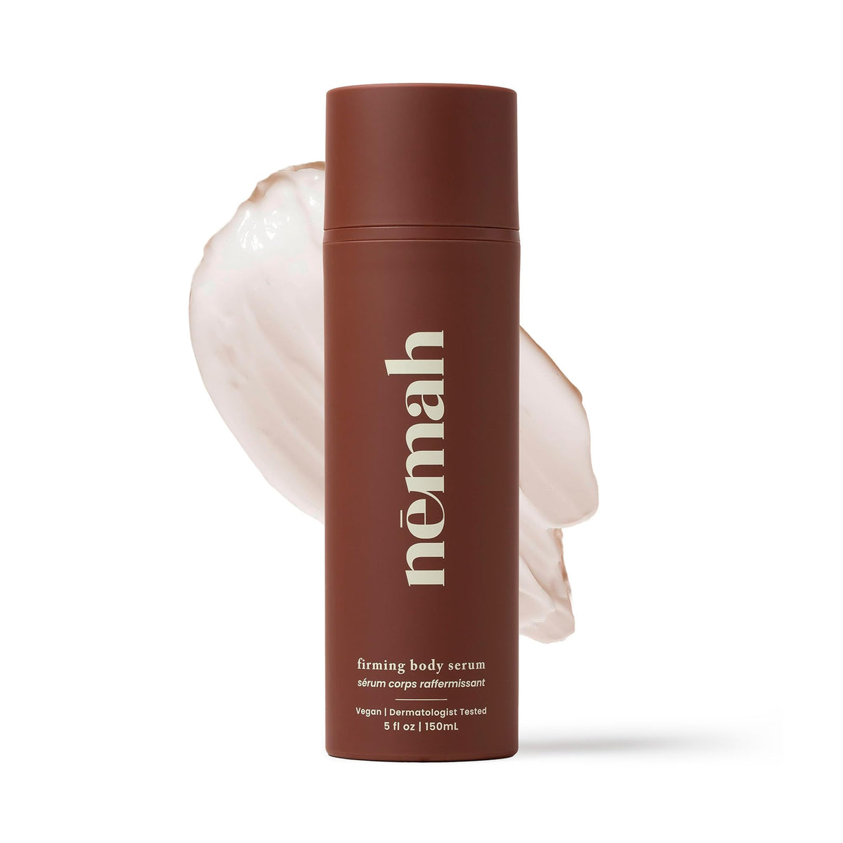 Nemah firming body lotion front pump bottle showing branding and clean formula benefits