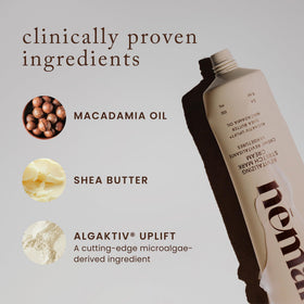 Nemah ingredients flatlay with shea and macadamia highlighting nourishing botanical boost