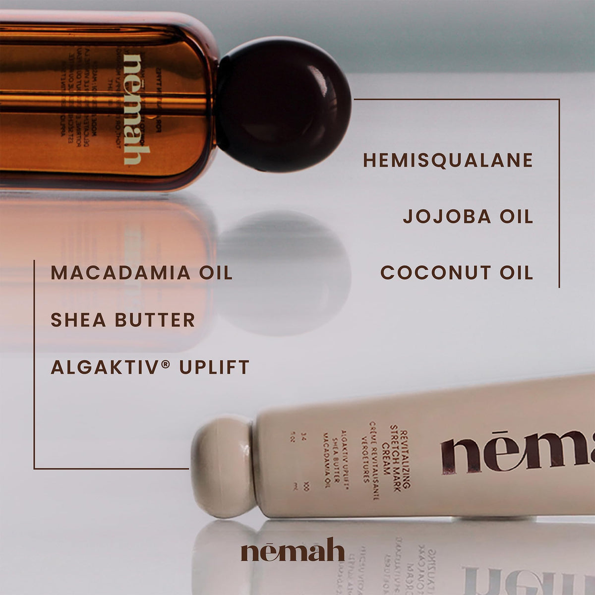 Nemah belly oil pump with a drop on hand highlighting quick dry, non-greasy finish