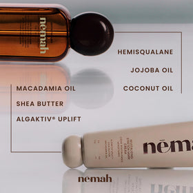 Nemah belly oil pump with a drop on hand highlighting quick dry, non-greasy finish