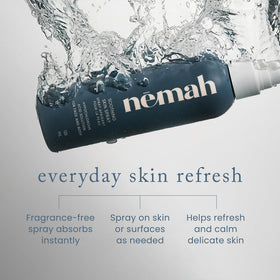 Nemah droplet on skin texture close-up, clear benefit: fast-drying gentle feel