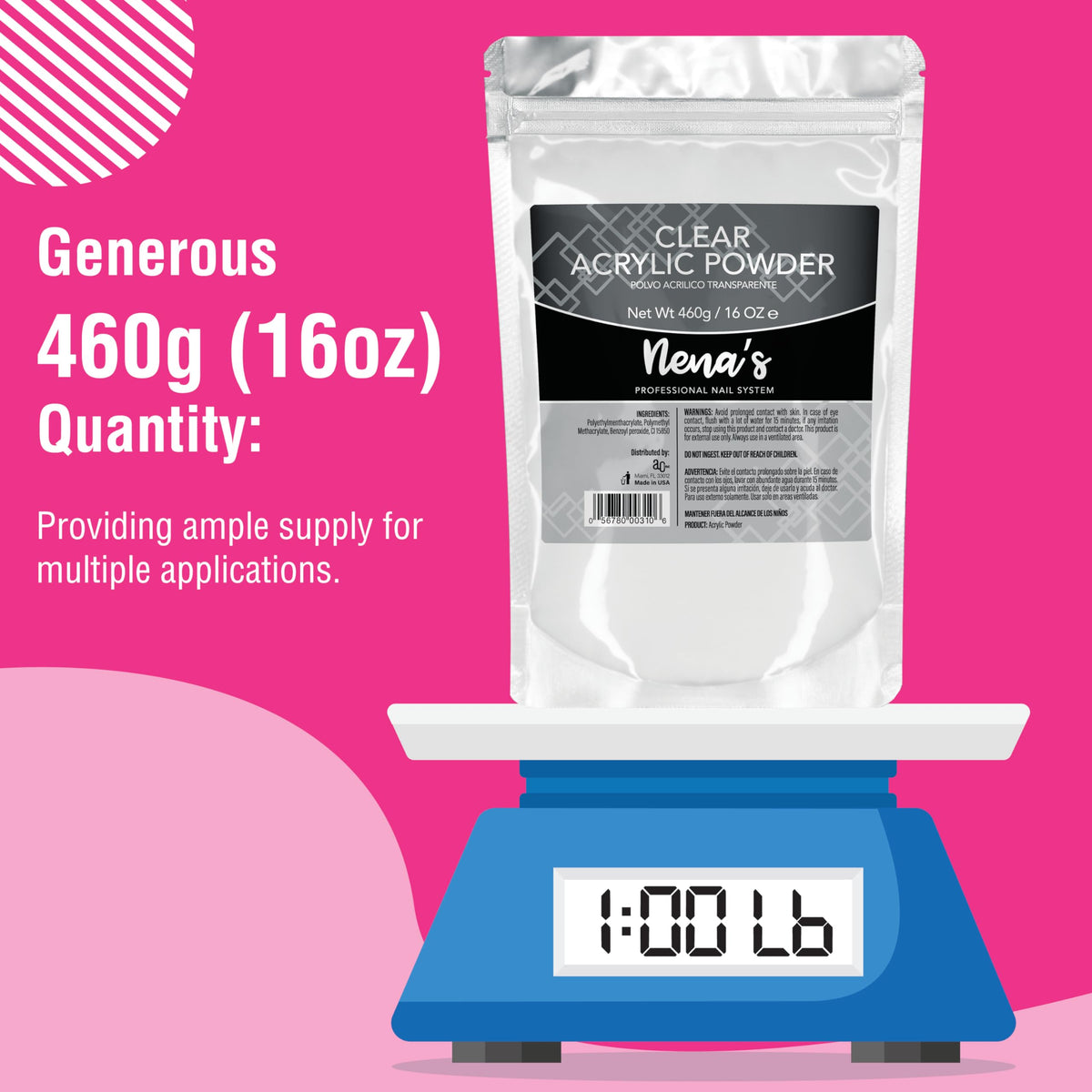 Nena's open 16 oz jar top view revealing ample powder for many services and reduced refills