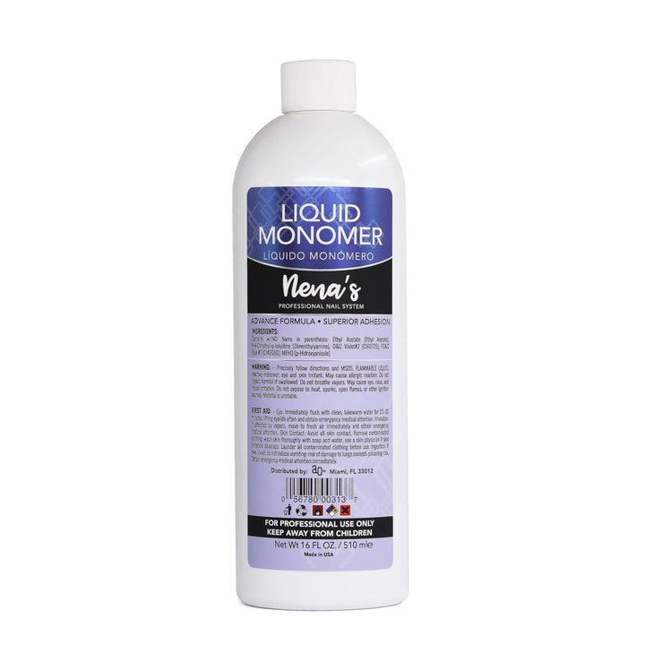 Nena's liquid monomer front bottle showing clear label and volume for reliable use