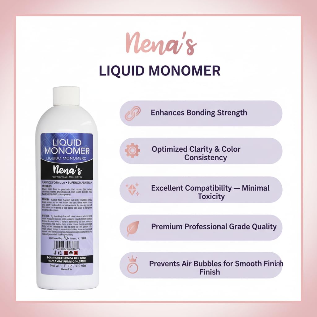 Nena's monomer drop on acrylic powder illustrating strong adhesion and quick set