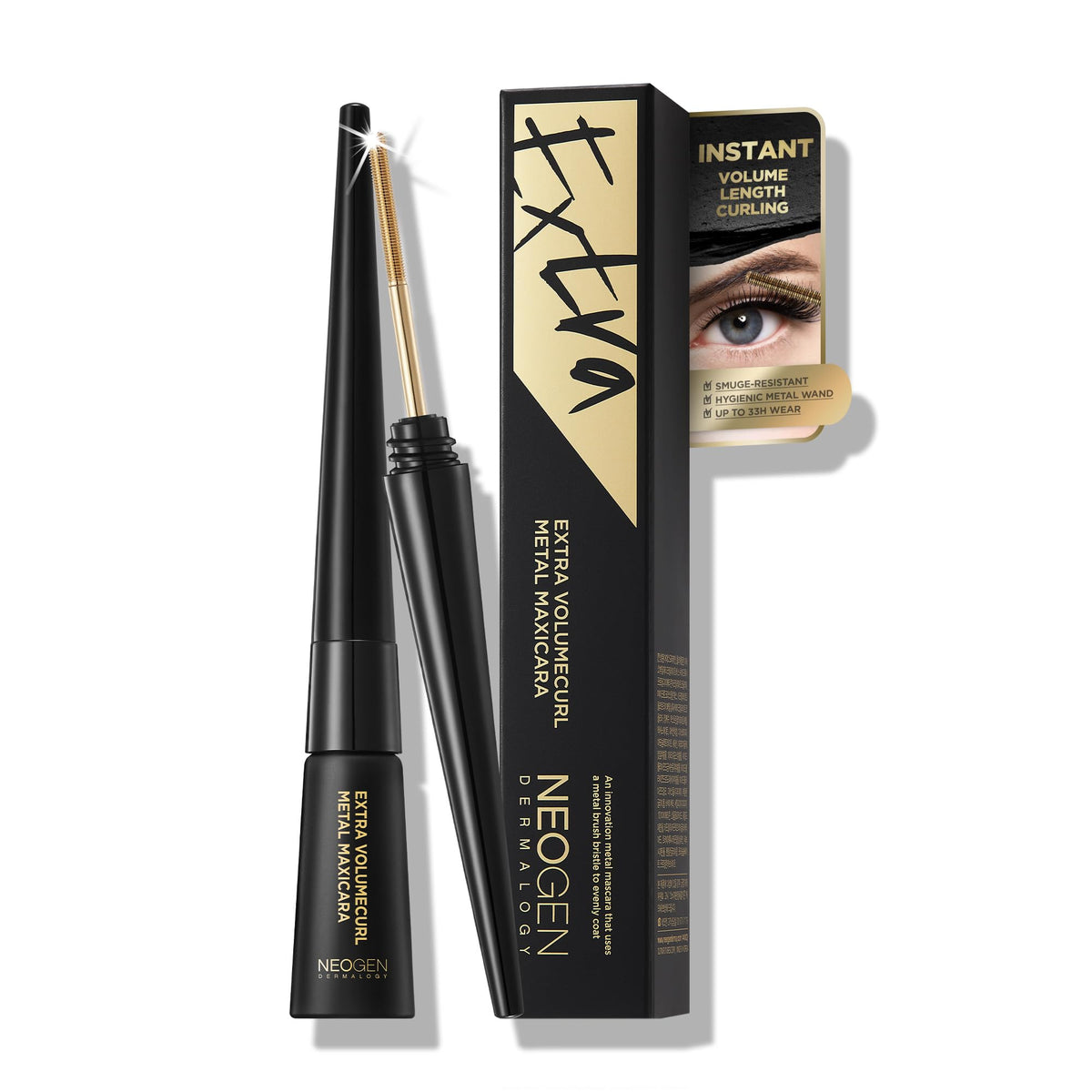 Neogen Dermalogy front packaging showing compact refillable mascara and benefits