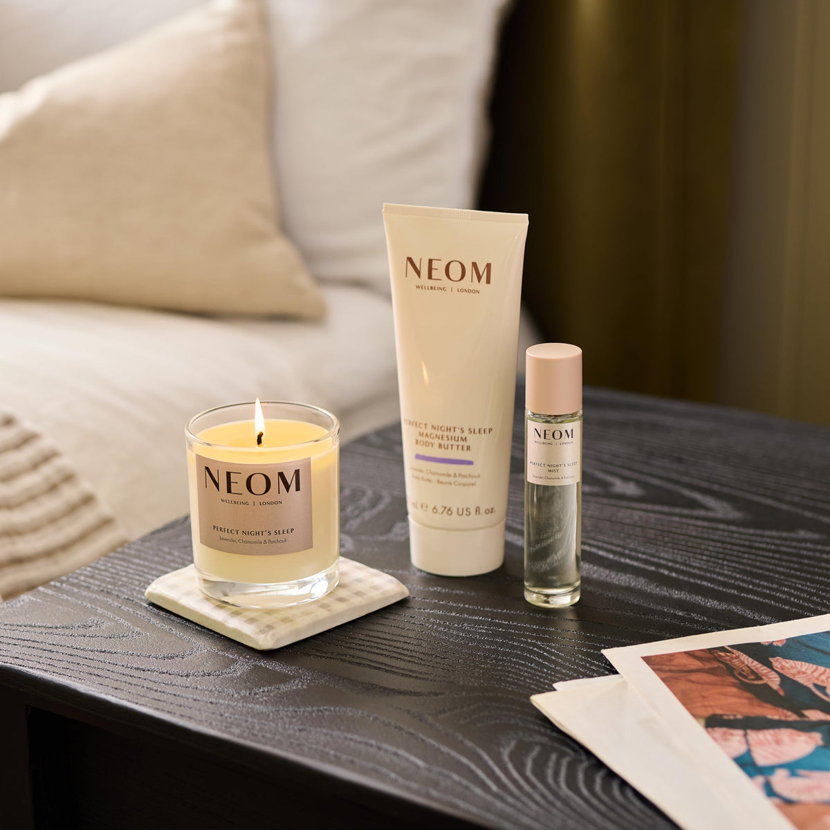 Neom label close-up to display natural ingredients and transparency benefit