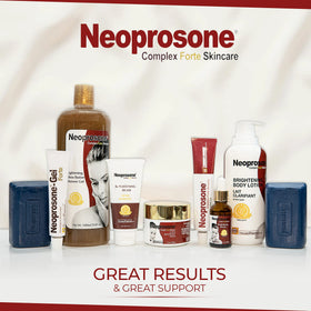 Neoprosone ingredient label showing alpha arbutin and lactic acid for brightening clarity