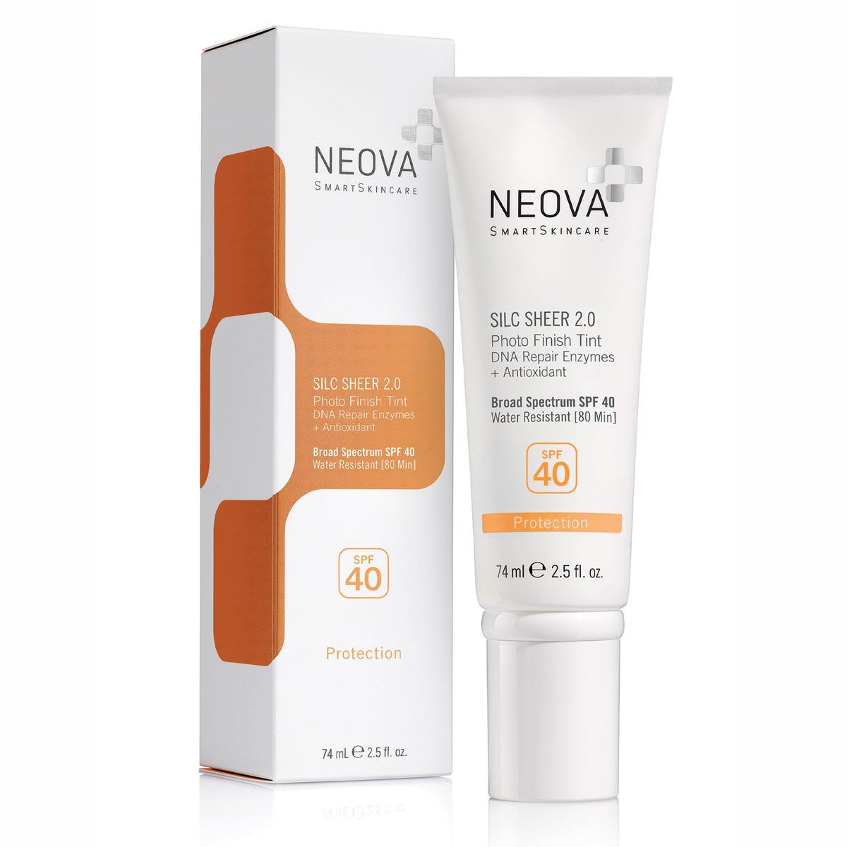 NEOVA Silc Sheer 2.0 front packaging showing SPF and tint benefits