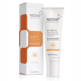 NEOVA Silc Sheer 2.0 front packaging showing SPF and tint benefits