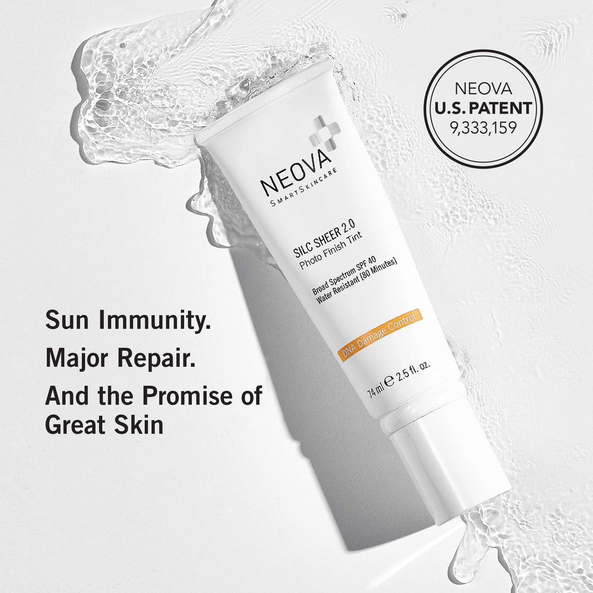 NEOVA Silc Sheer 2.0 label close-up showing DNA repair and SPF info