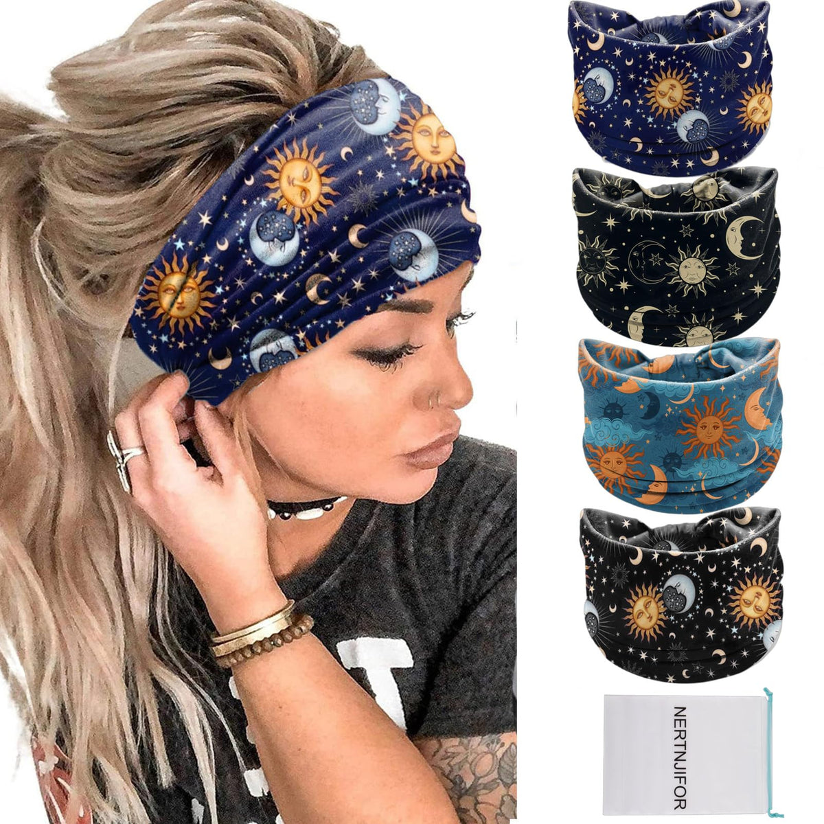NERTNJIFOR front view of four star moon headbands shows print and variety, stylish choice