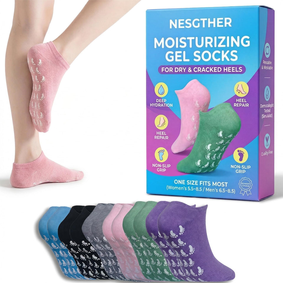 Nesgther front packaging shows three moisturizing sock pairs and benefits