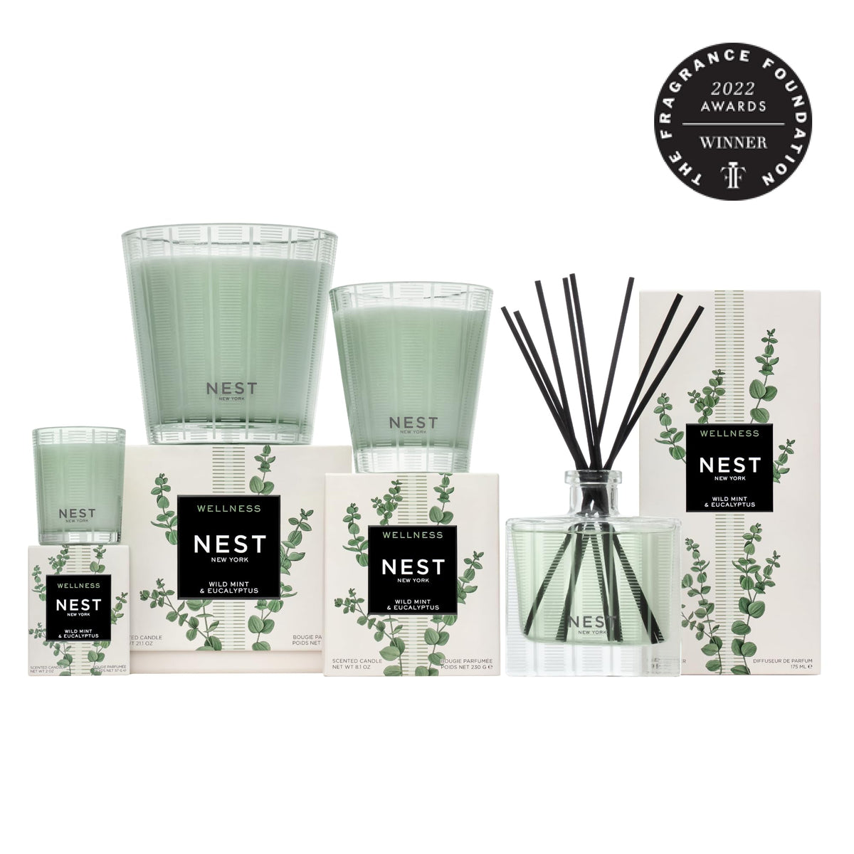 NEST New York bottle beside a hand showing scale and estimated 300-pump usage