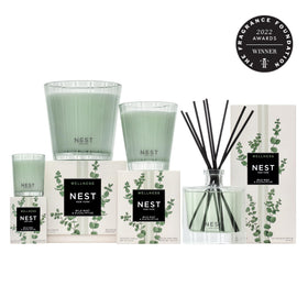 NEST New York bottle beside a hand showing scale and estimated 300-pump usage