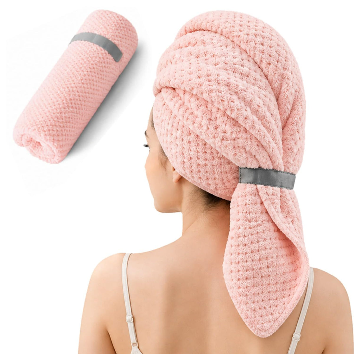 Netcken front view of pink extra large hair towel wrap, secure fit benefit
