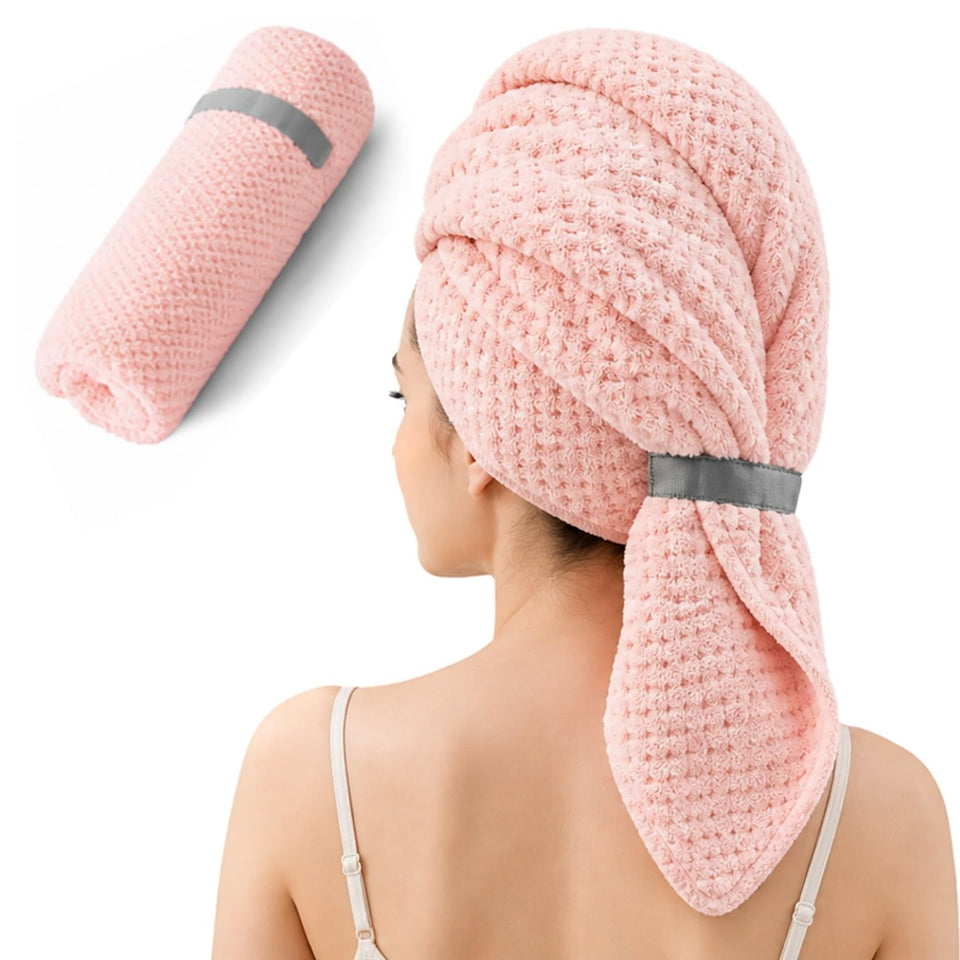 Netcken front view of pink extra large hair towel wrap, secure fit benefit