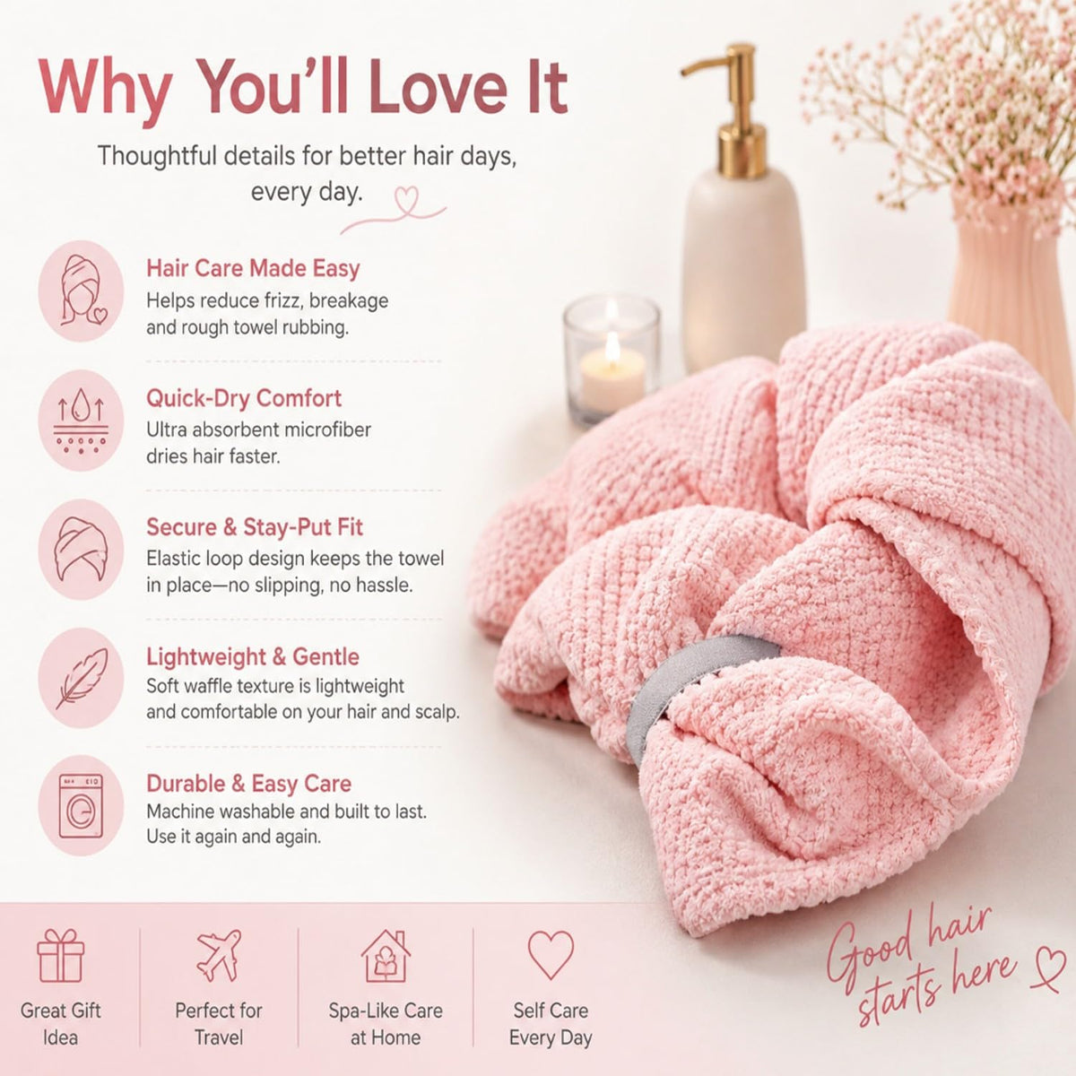 Netcken towel on person at vanity illustrating everyday routine and frizz control