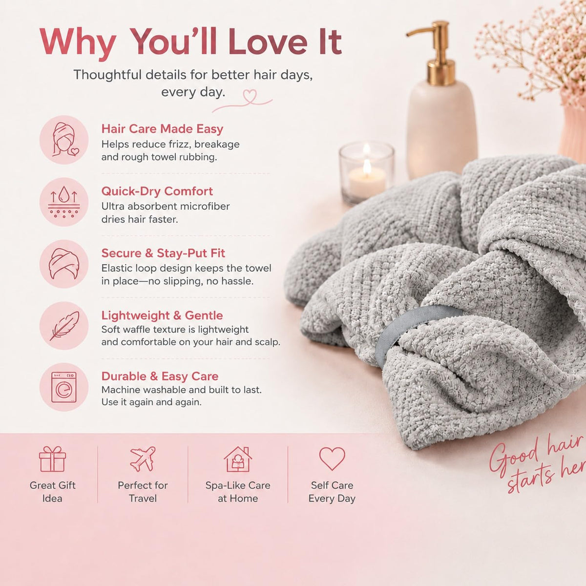 Netcken long curly hair wrapped to reduce frizz and protect curls