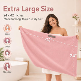 Netcken towel beside tape measure showing 24x42 size for long thick hair