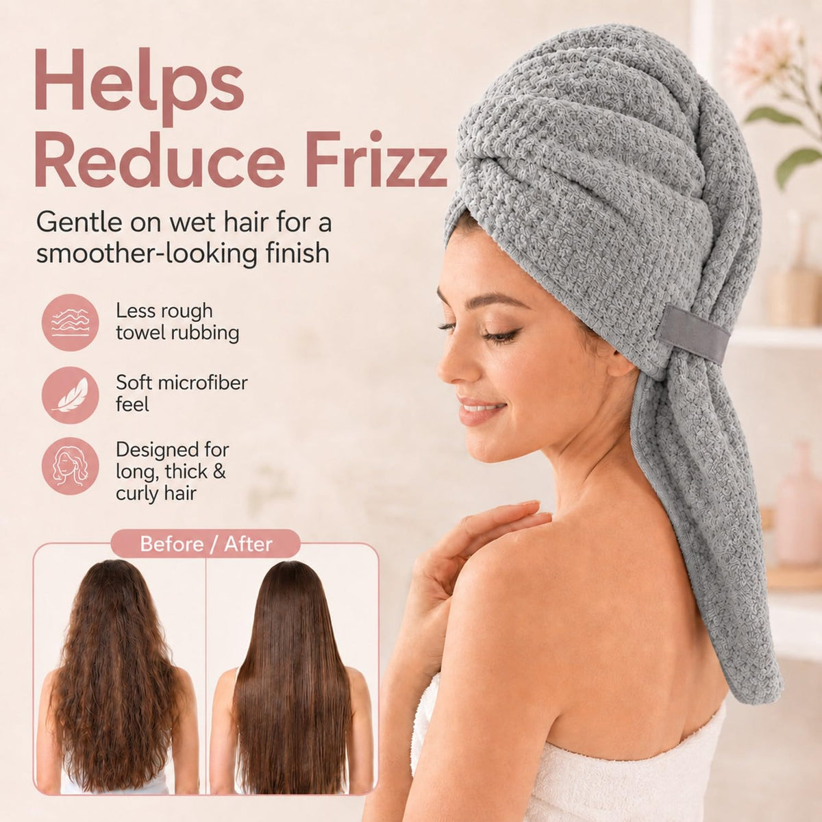 Netcken turban in use after shower demonstrating secure hands-free drying