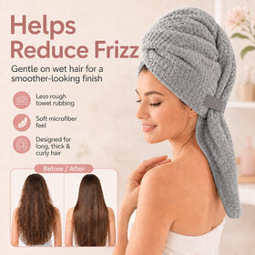 Netcken turban in use after shower demonstrating secure hands-free drying