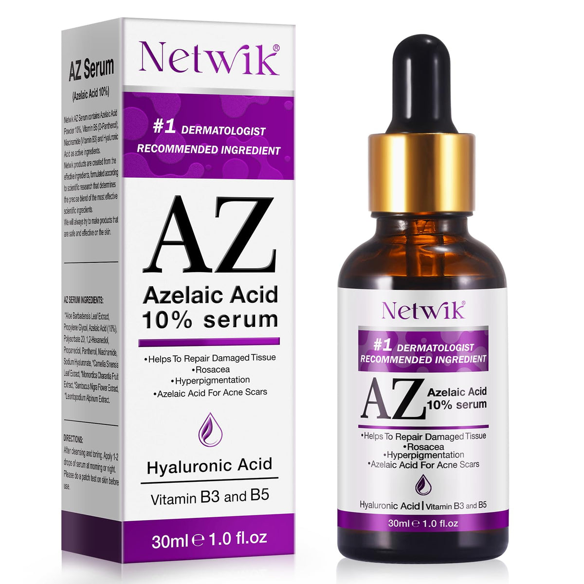 Netwik front bottle showing azelaic serum packaging and clear gel benefits