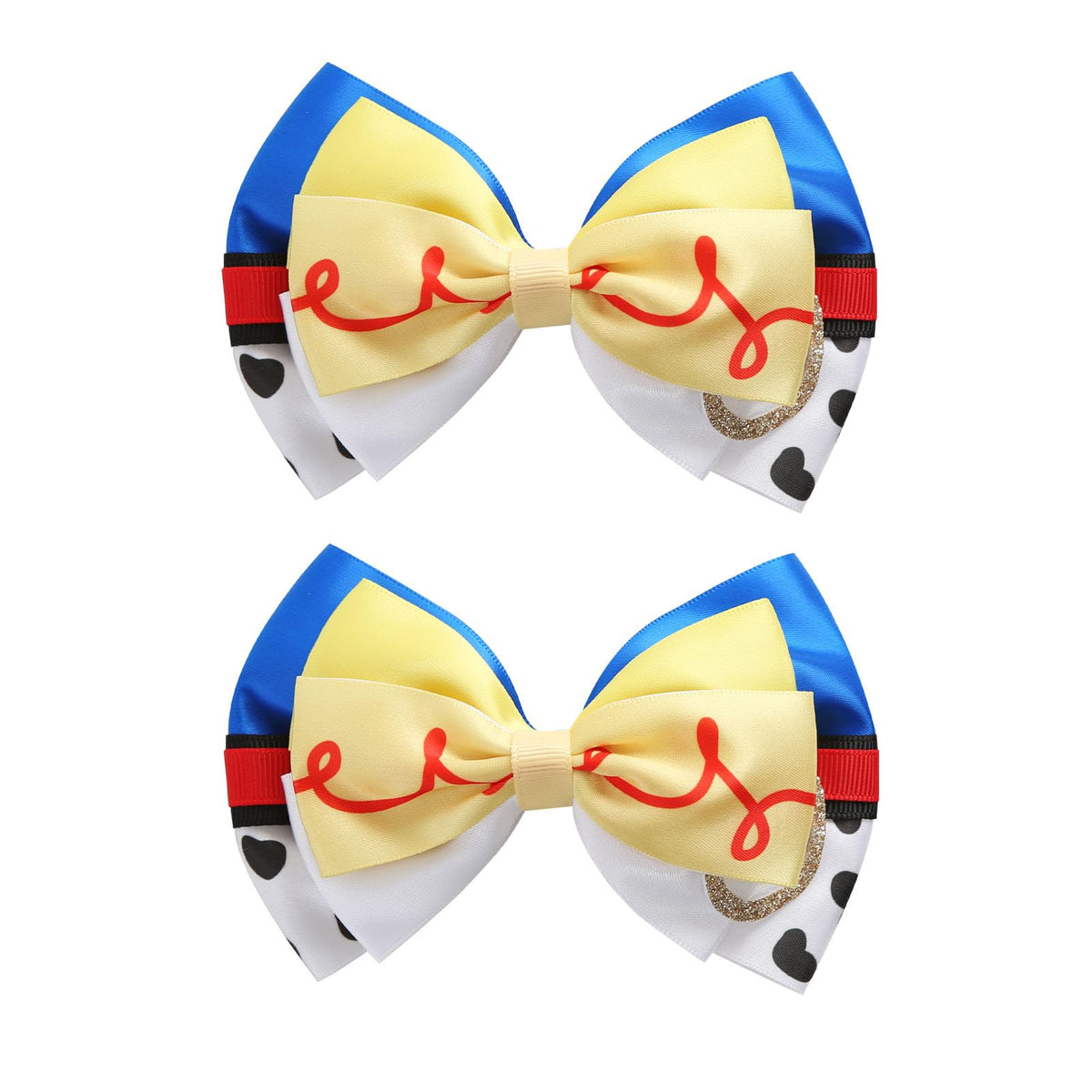 Neujiwo front view of two 4-inch cartoon hair bow clips showing color contrast and appeal