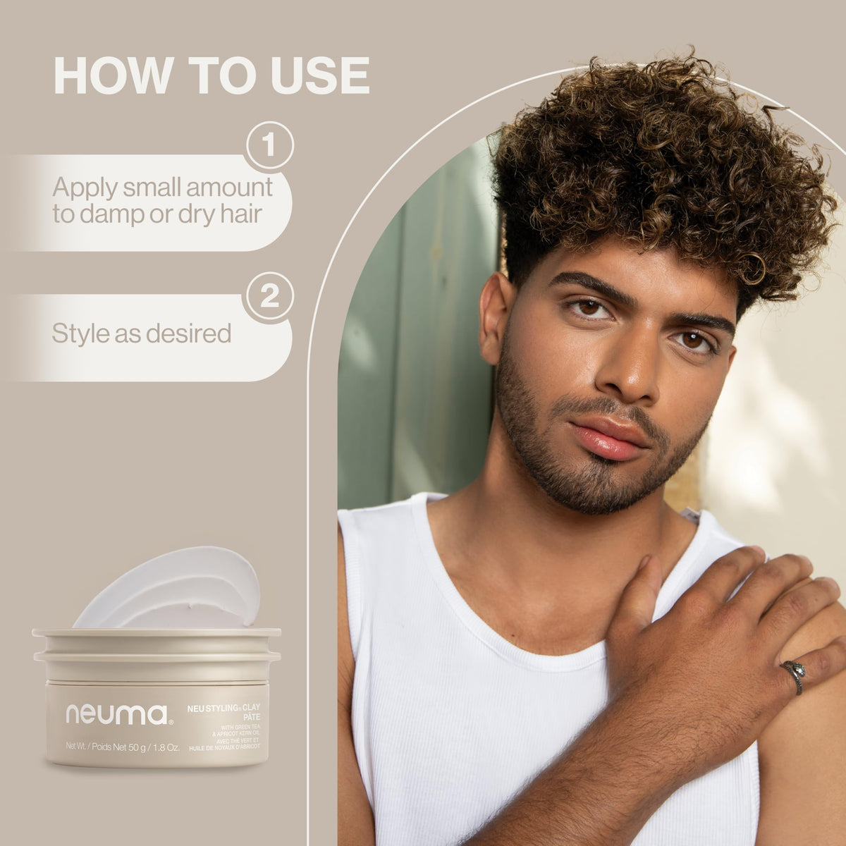 NEUMA hair clay label and sustainability icons highlighting renewable bottle and wind power manufacturing
