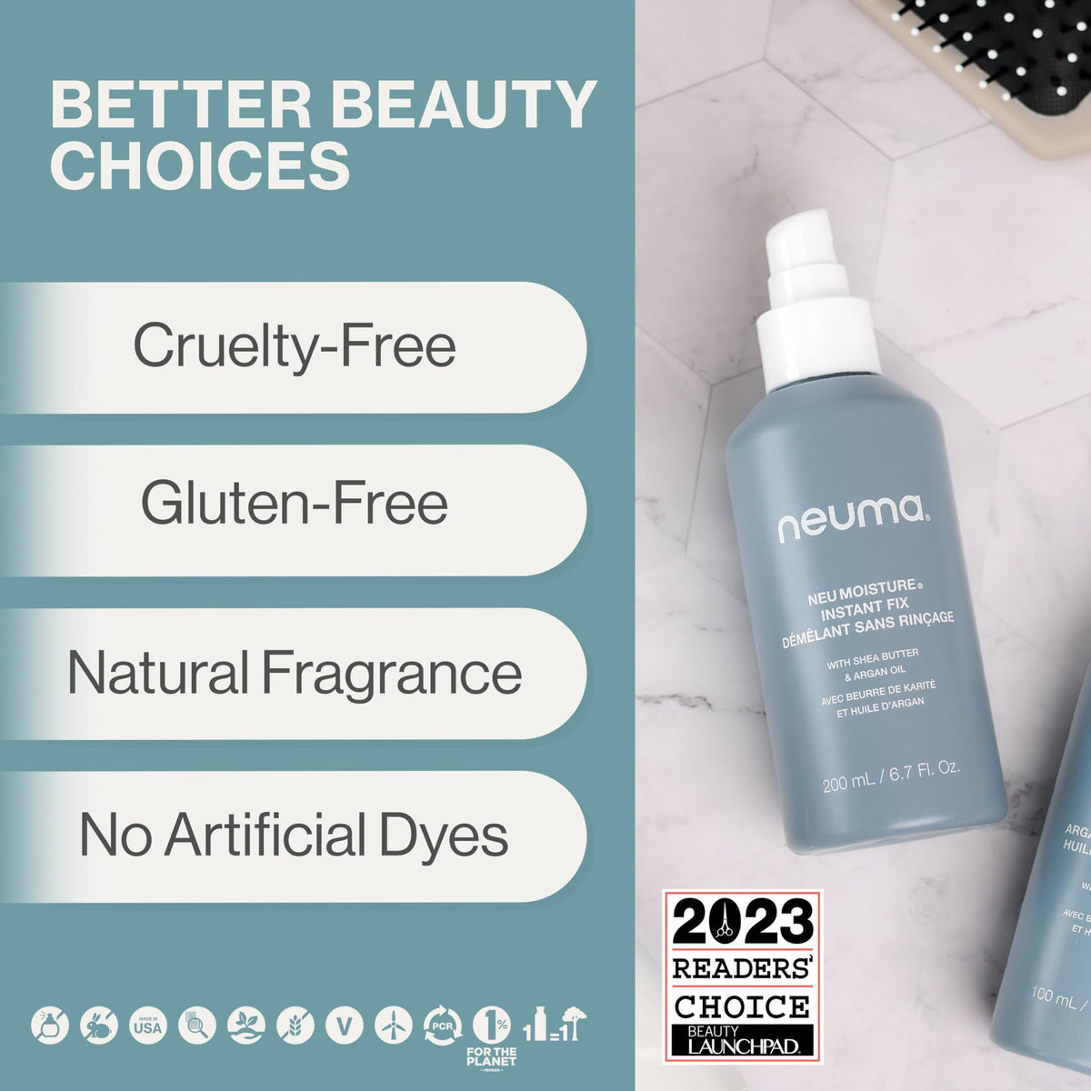 Neuma close-up texture of lightweight spray on strands showing non-greasy hydration