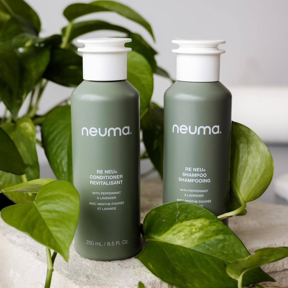 Neuma lifestyle bathroom display with bottle on shelf conveying daily routine benefit