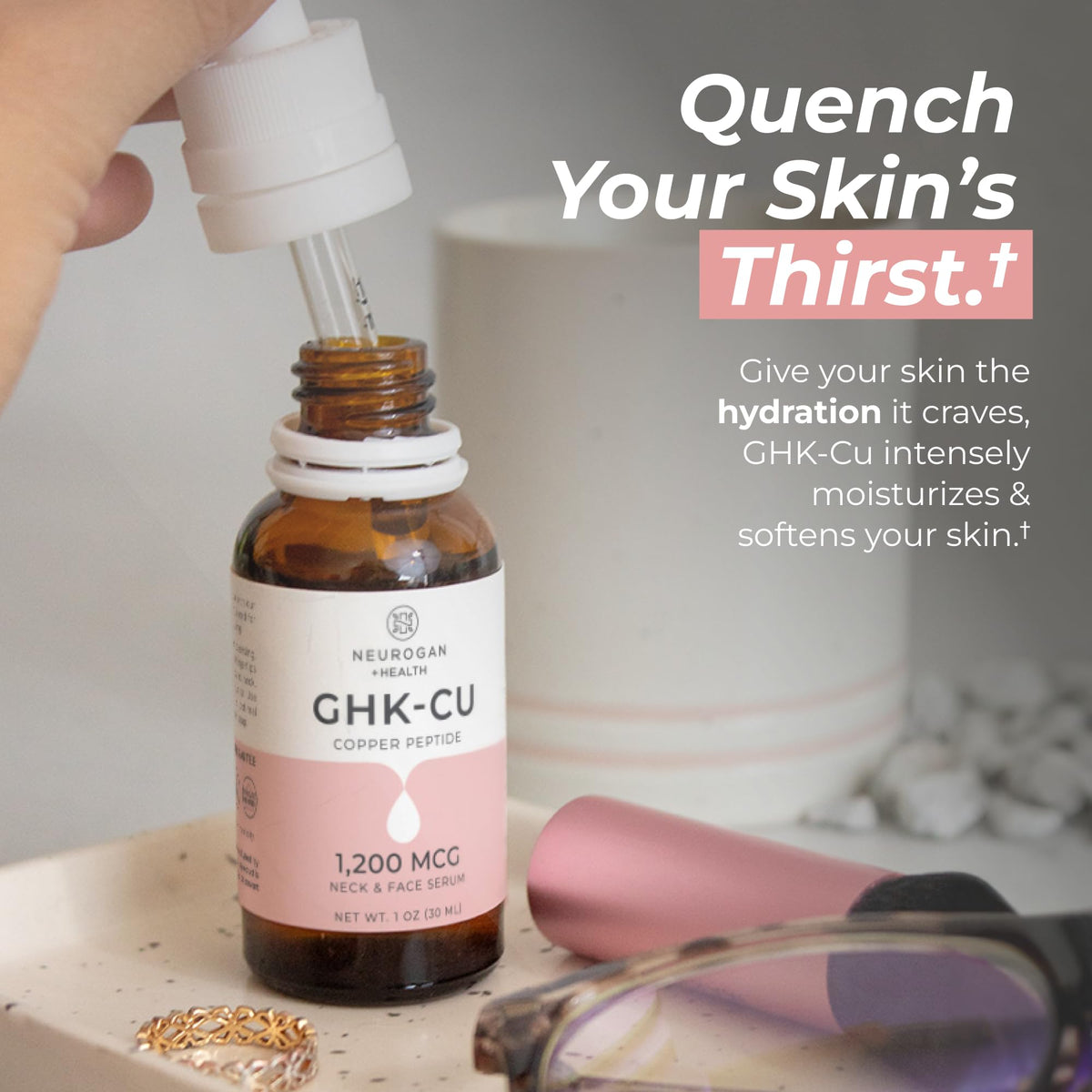 Neurogan applying serum to neck showing targeted hydration benefit