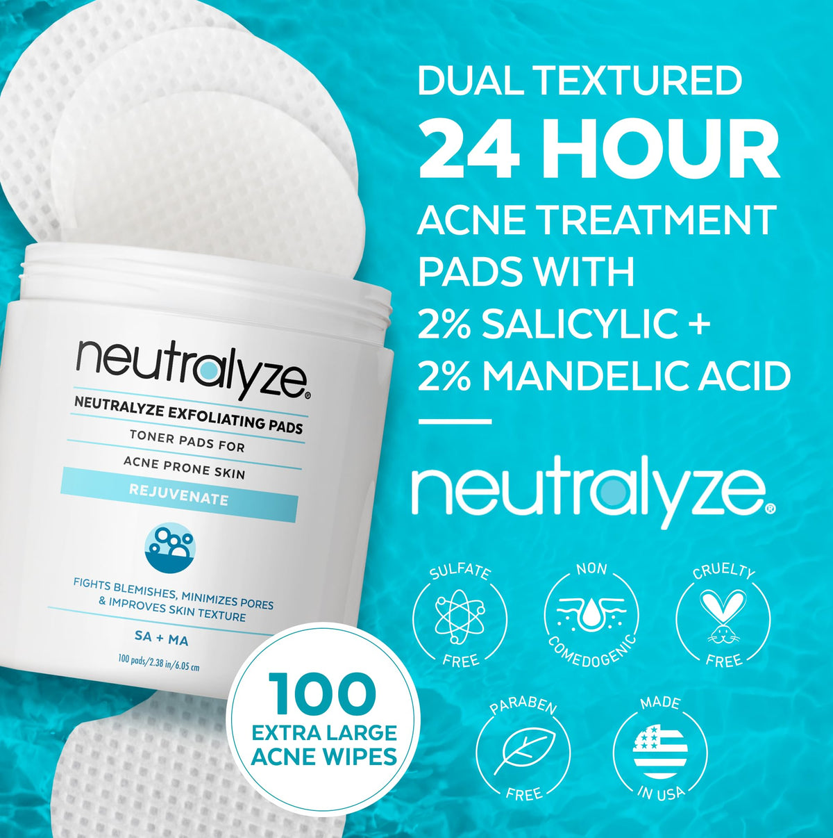 Neutralyze pad saturated with solution showing pre-soaked convenience