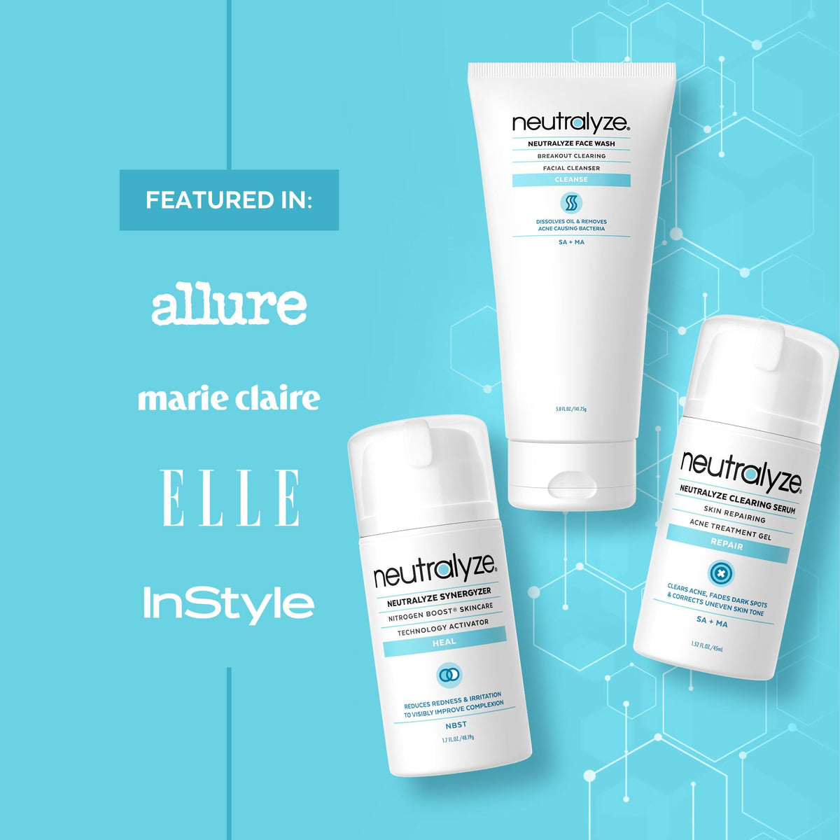 Neutralyze product textures with foam and serum illustrating exfoliating and smoothing benefits