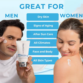 NEUTRIDERM applied to cheek demonstrating lightweight feel and smoothing benefit