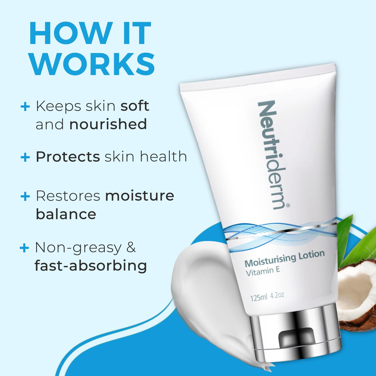 NEUTRIDERM open tube with cream texture highlighting quick absorption benefit